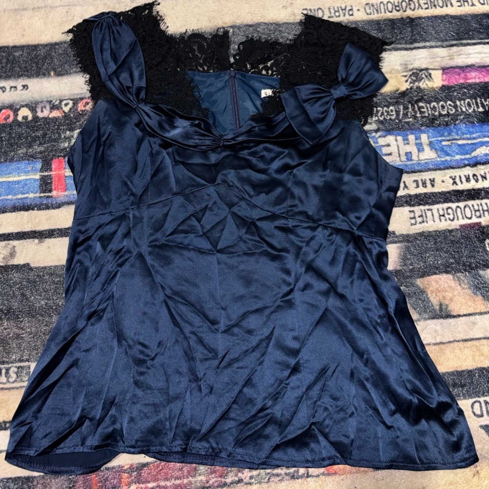 Nanette Lepore Navy Satin Top with Black Lace